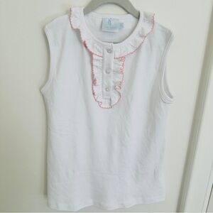 NWOT Little English Girls' White Sleeveless Top Pink Trim Ruffle Henley 10